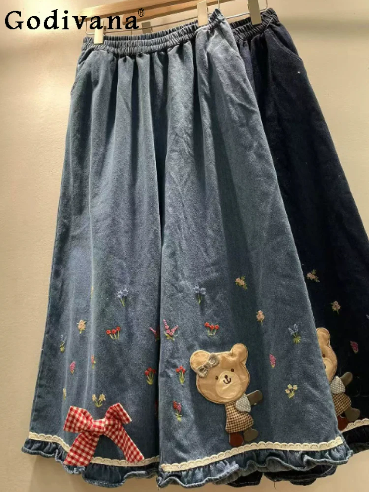 

Spring Autumn New Women Sweet Splicing Embroidery Elastic Waist Loose Leisure Jeans Fashion Simple Blue Lolita Wide-leg Pants