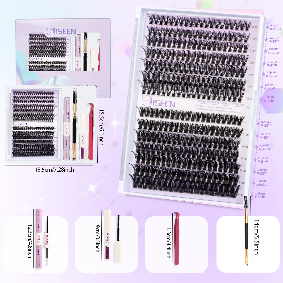 DIY Eyelash Extensions Individual Lashes Clusters 9-18mm Mix Length Natural Look with Bond And Seal Remover Lash Tweezer