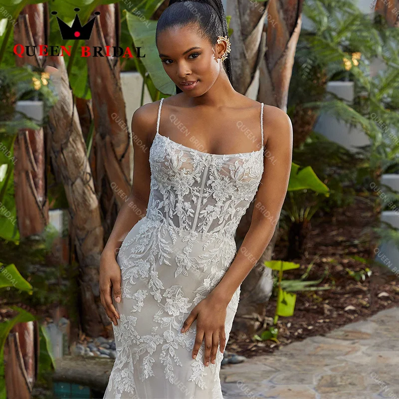 Sexy Spaghetti-Trägern Meerjungfrau Hochzeitskleid Quadratischer Kragen Applikationen Pailletten Rückenfreies Brautkleid Robe De Mariée Custom Y54N