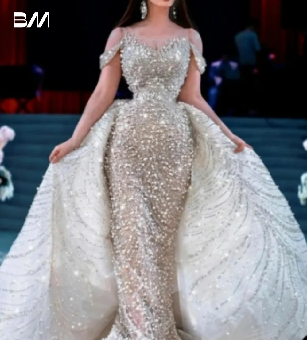 

Sparkly Off the Shoulder Wedding Dress Luxury O-neck Bride Robe Modern Floor-length Bride Dresses Vestidos De Novia