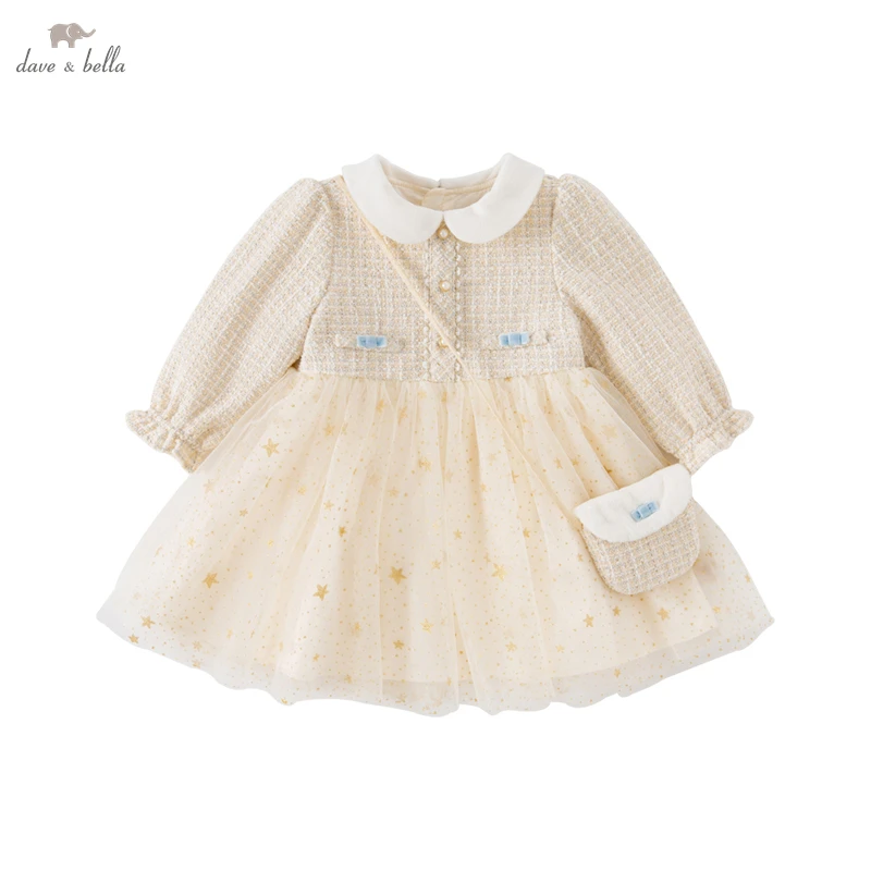 Dave Bella Spring Autumn Girls Long-Sleeved Lace Dress Mesh Princess Dress Stitching Collar Children Dresses DB3222905