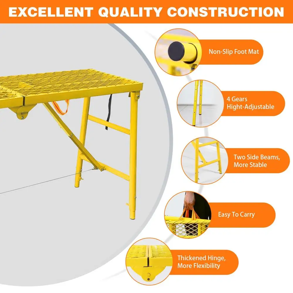 Platforma robocza o regulowanej wysokości Rusztowanie 770 funtów Pojemność Antypoślizgowa przenośna drabina Konstrukcja żelazna Żółte wykończenie Stal stopowa