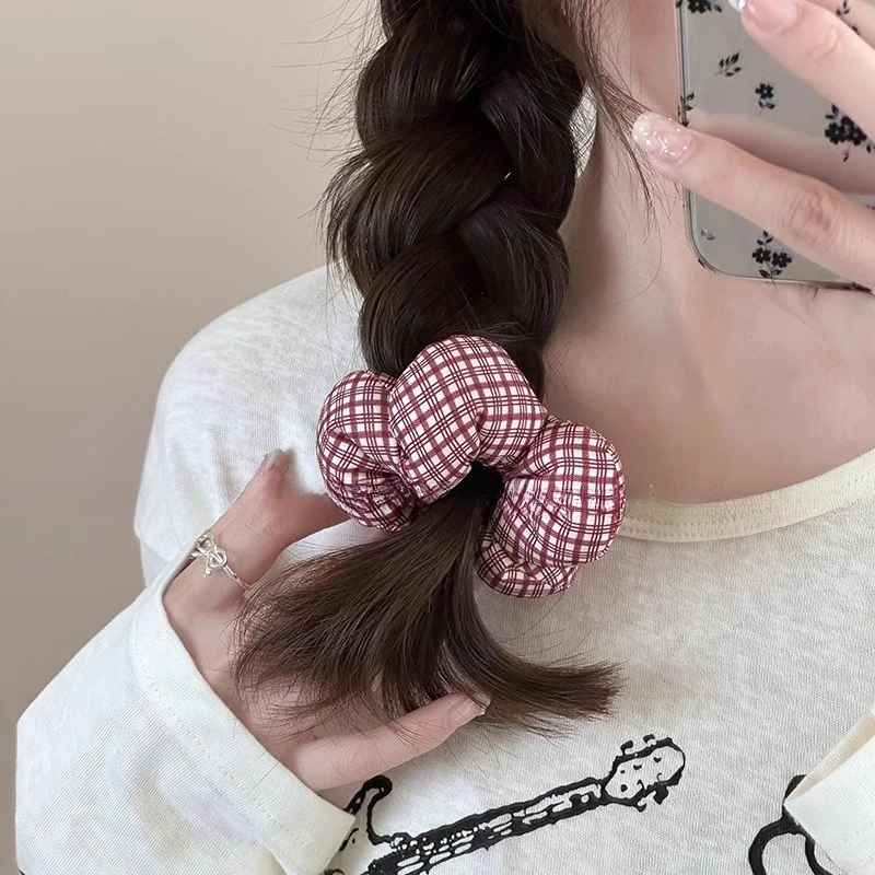 Cute Little Flower Hair Scrunchies for Women Girls Sweet Love Bow Plaid Pattern Hair Ropes Elastic Rubber Bands Hair Accessories