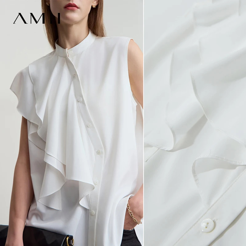 Amii Minimalist Loose Shirt 2025 Summer New Women Office Lady Blouse Casual Stand Collar Sleeveless Light Ruffle Top 12542187