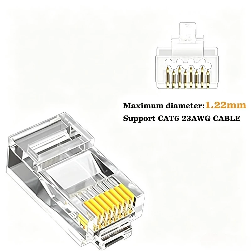 CAT6A Pass Through RJ45 8P8C 3-Prong Gold Plated Modular Plug Non-Shielded Gigabit Connector for UTP Ethernet LAN Network Cable