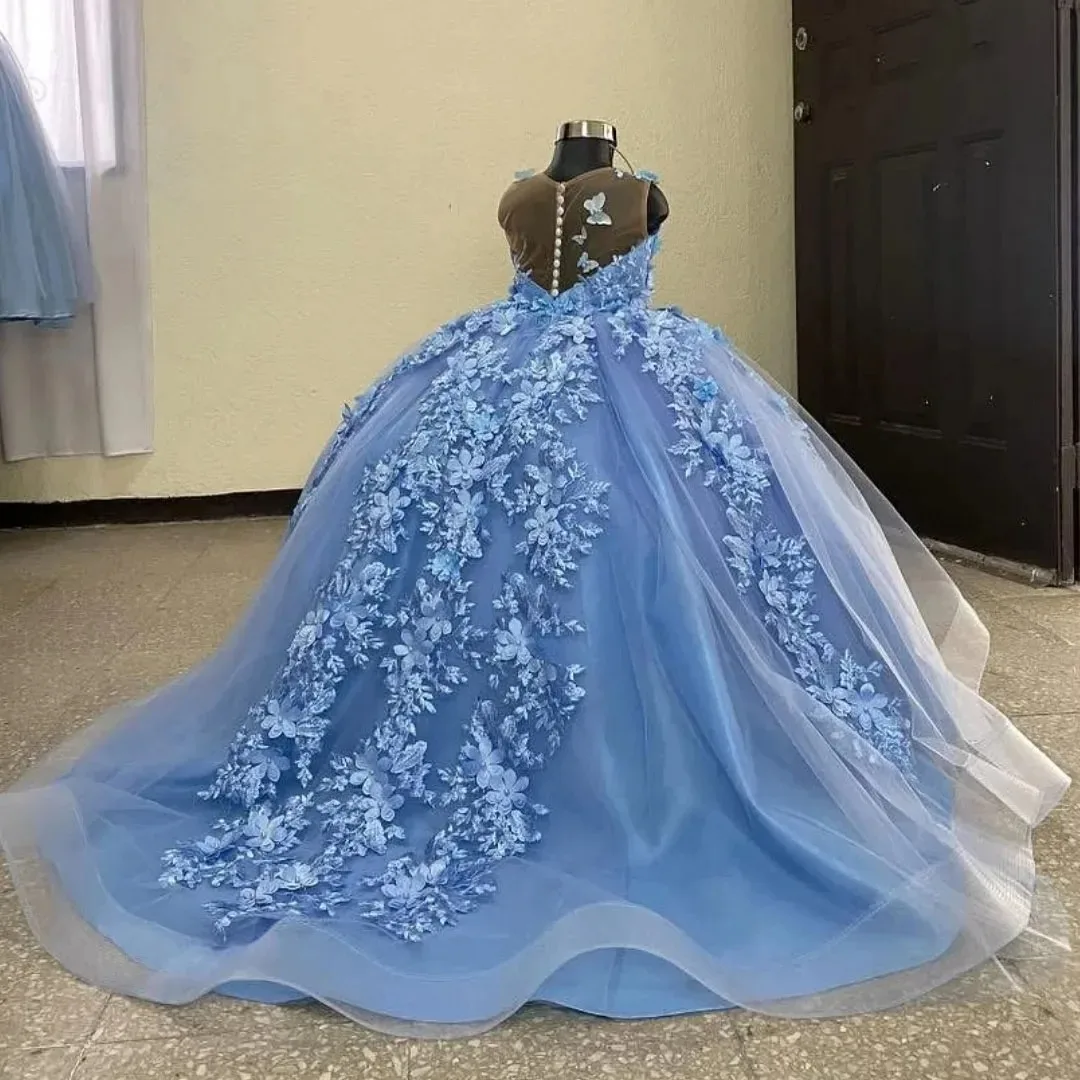 

Customized Blue Sleeveless Flower Girl Dresses for Wedding Lace Appliques Princess First Communion Kids Birthday Party Gowns