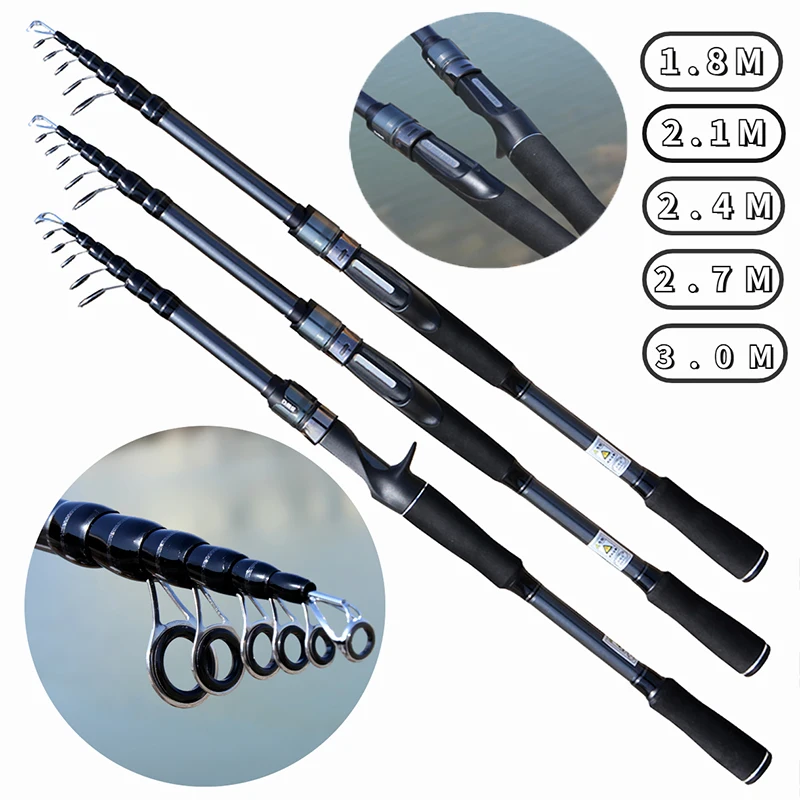 1.8M-3.0M Casting/Spinning Telescopic Lure Fishing Rod Ultralight Carbon Pole M Power Solid Tip Bait WT 8-18g for Bass Pike