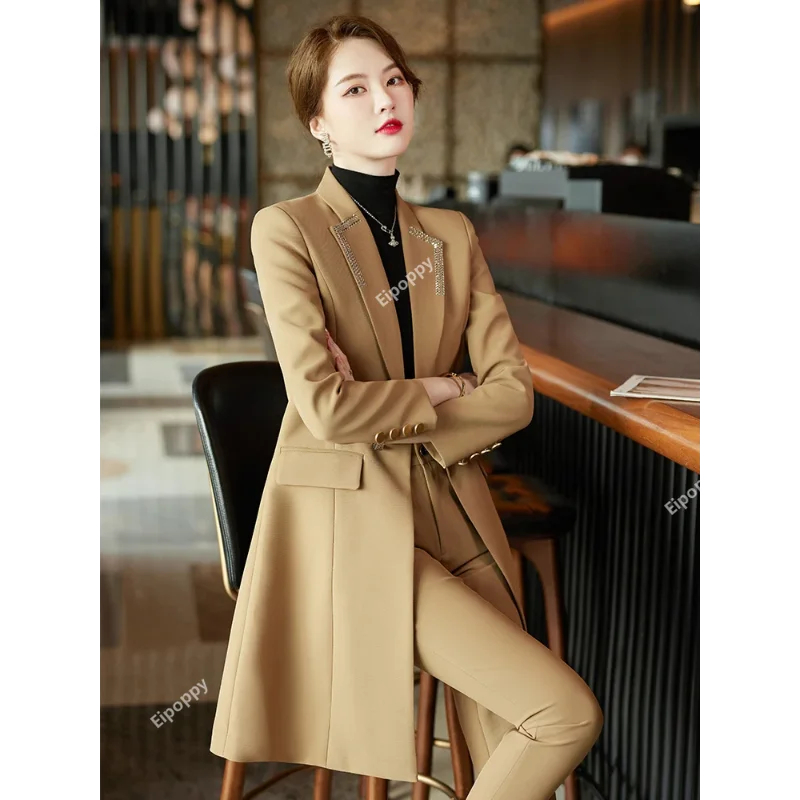 

Women Long Formal Blazer pants Sets Khaki Orange Female Office Ladies Jacket And Trouser 2 Pieces Work Business Wear Pant Suit