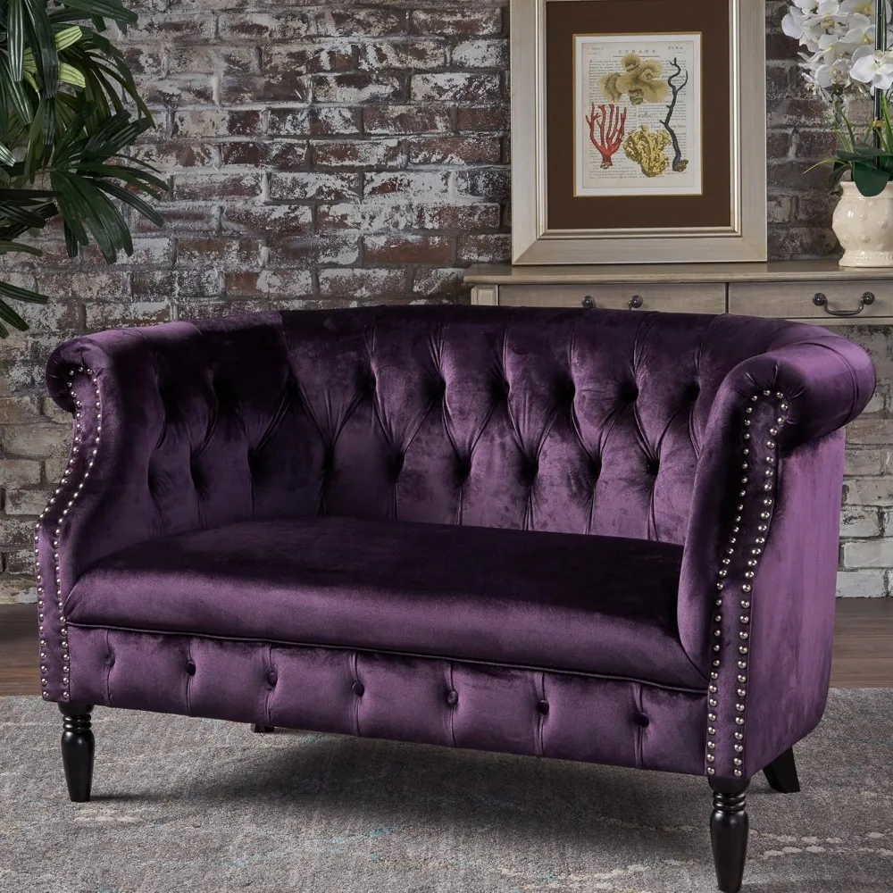 GDFStudio Melaina Tufted Chesterfield Velvet Loveseat with Scrolled Arms, BlackBerry and Dark Brown