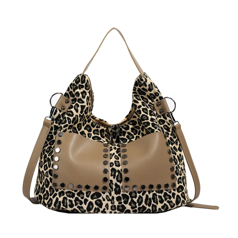 Ladies' leopard print large capacity tote bag 2024 new retro casual shoulder crossbody bag armpit bag designer luxury bag сумка