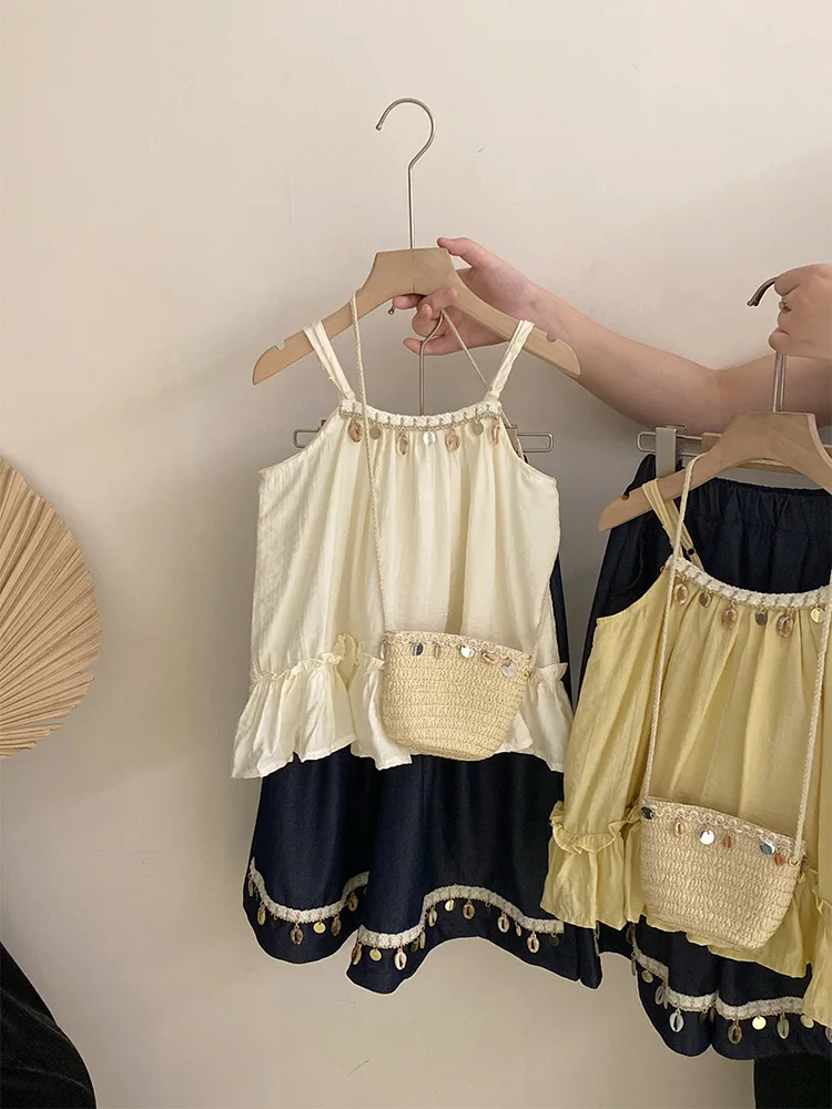 

Girls Summer New Sleeveless Sequin Splicing Suspenders2025Versatile Sequin Loose Casual Pants Two-Piece Set Trendy