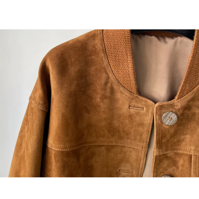 Giacca da baseball corta da donna in vera pelle al 100% Cappotti monopetto in pelle scamosciata Giacca in pelle di capra scamosciata importata di lusso