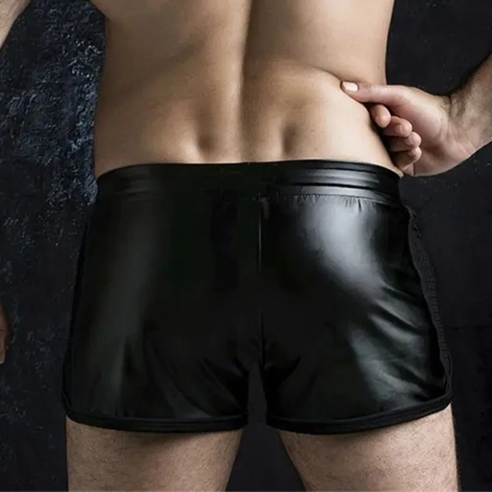 FJShorts-Boxer en cuir PU pour hommes, vêtements de nuit punk, slim, solide, maillot de bain document, mode