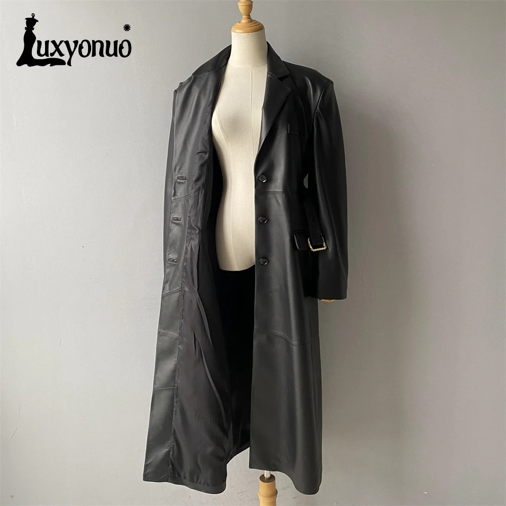 Luxyonuo cappotto in vera pelle da donna per cappotti in pelle di pecora da donna autunnali con cintura giacche lunghe classiche in vera pelle di colore nero