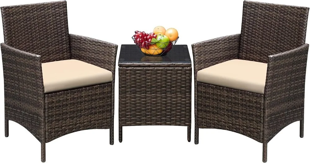 Conjuntos de muebles de Patio de 3 piezas, sillas de mimbre PE para exteriores con cojín suave y mesa de centro de vidrio para jardín, patio trasero y porche