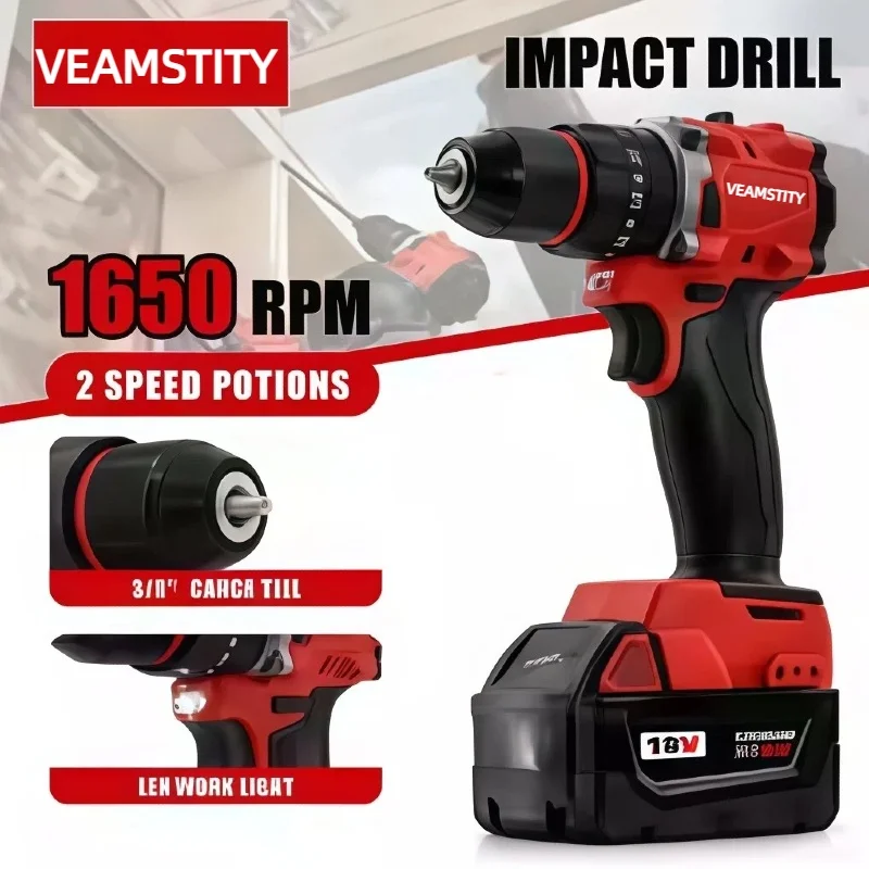 Cordless Lithium Electric Drill, Built-in LED Light, Portable Impact Drill for Home Repair，for Milwaukee  Battery pin