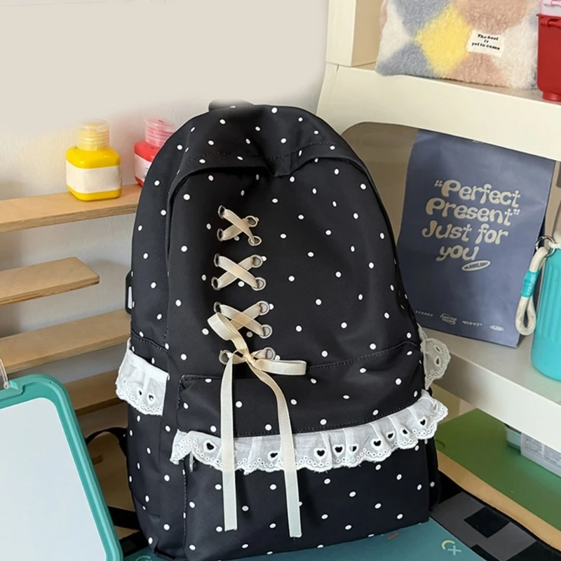 N7YF Campus School Backpack for Students with Dotted Pattern, Ruffle Detail and Easy-Carry Use for School Days