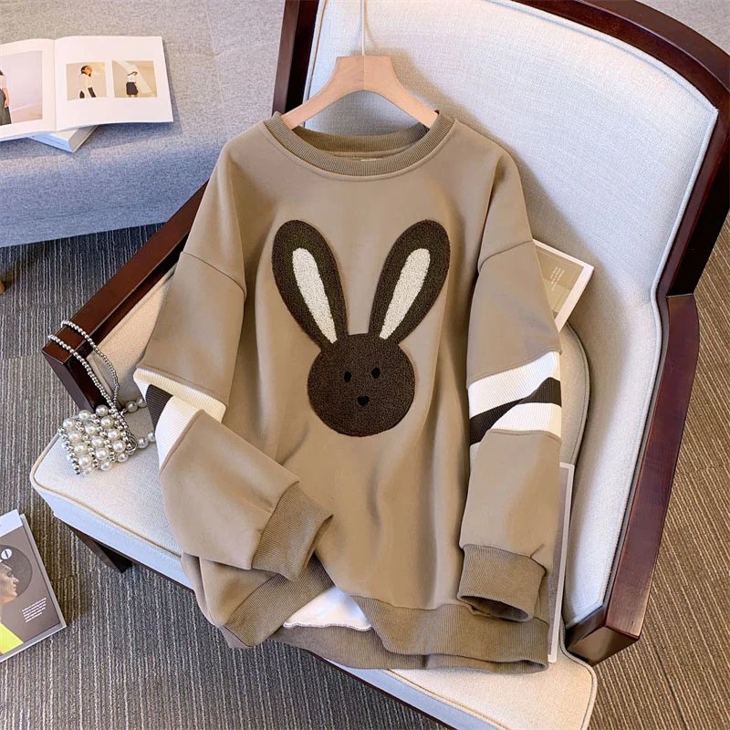 

plus Size 300 Pou Cute Cartoon Rabbit round Ne Fce Lined Sweatirt Women's Winter Versatile Student Top Korean Sle...