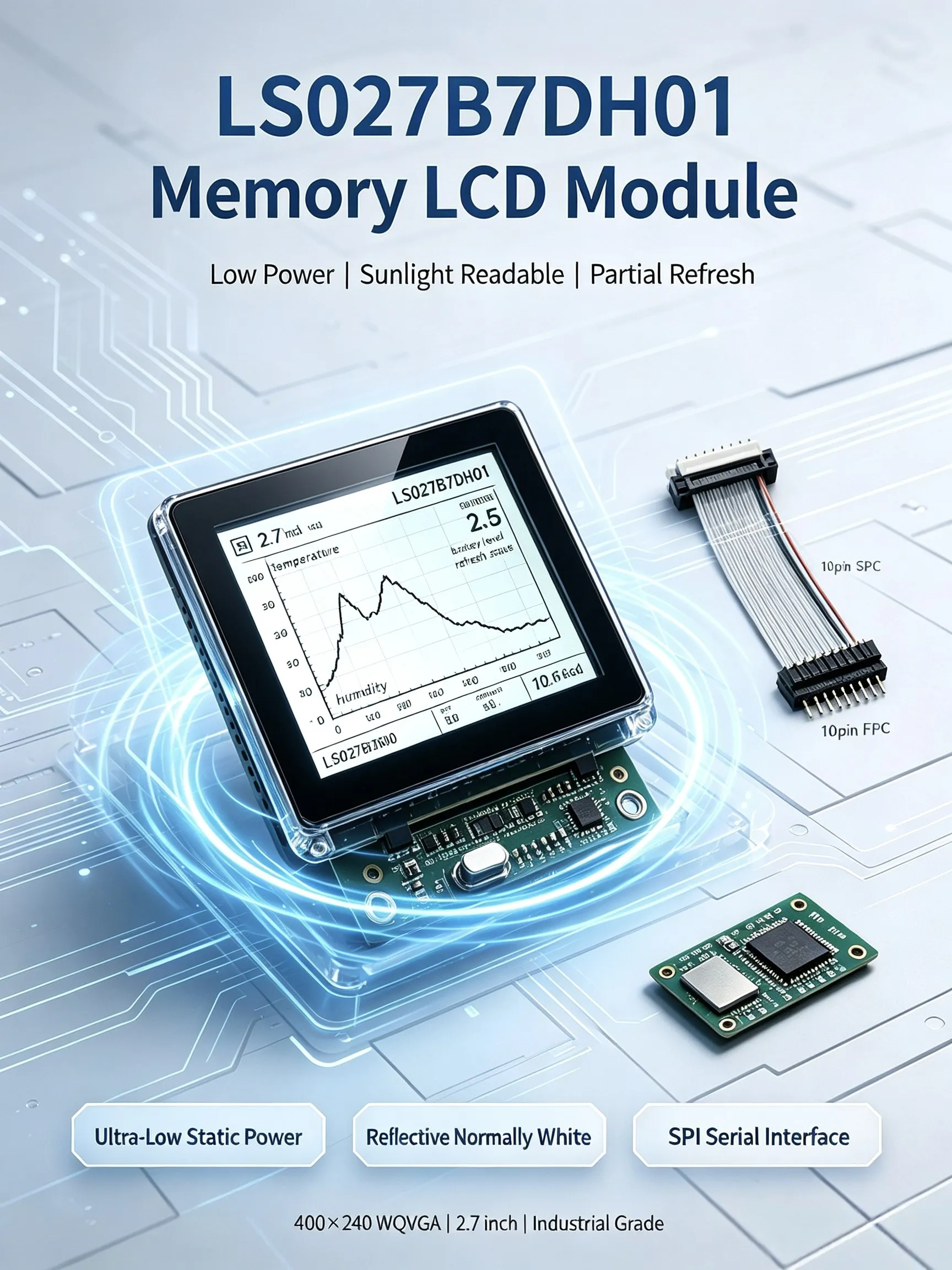 2.7 Inch 400x240 Monochrome LCD Display Half Reflective and Half