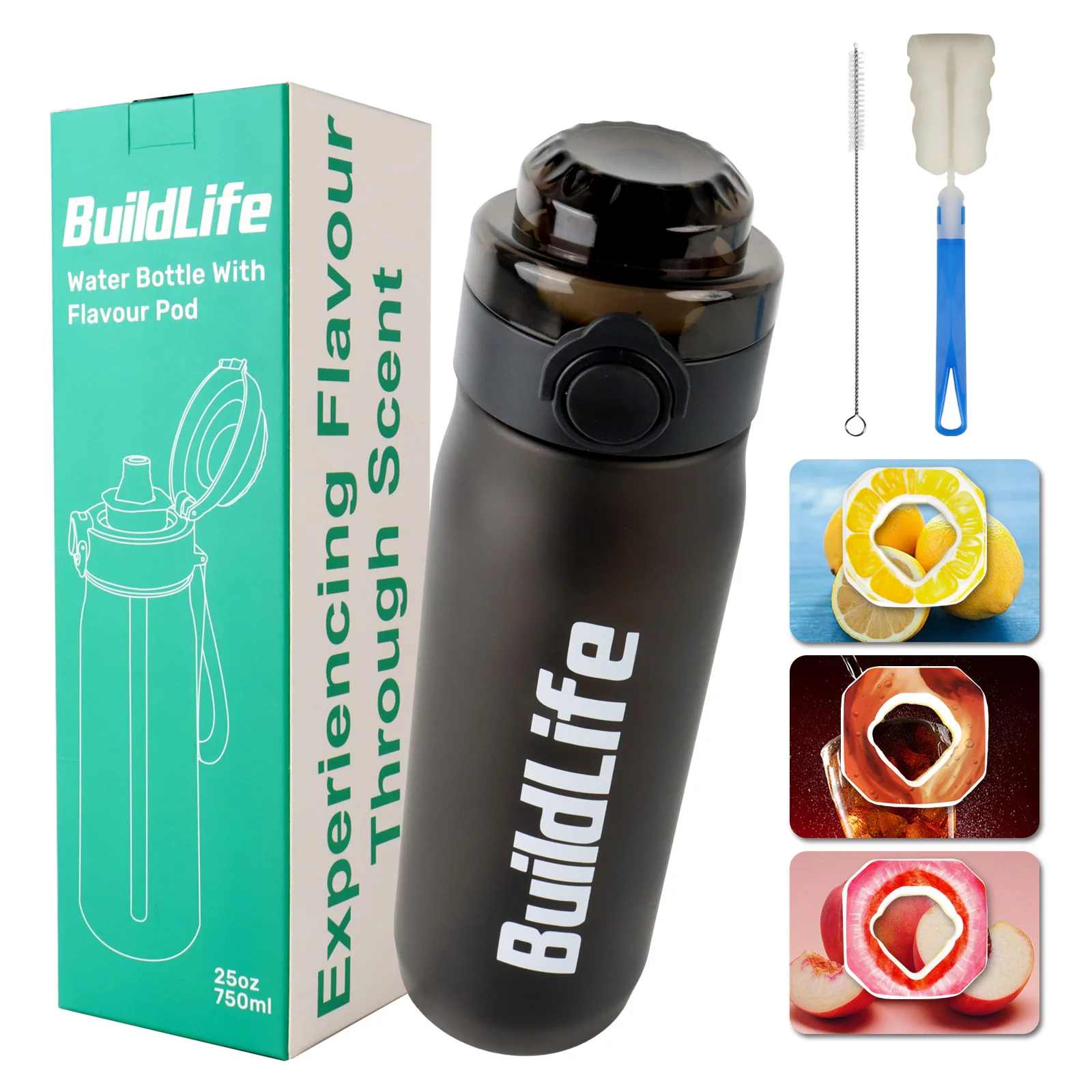 

Air water bottle with 3pcs flavor pod, scented water bottle with straw, 750ml 25oz water jug BPA Free Leakproof Portable Perfect