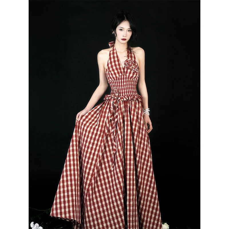 Mexzt vintage xadrez vestido longo feminino férias praia sexy halter floral maxi vestidos de verão coreano sem costas bodycon vestidos novo