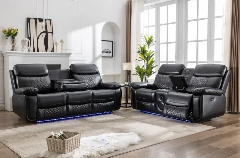 #Modern LED Lights Bluetooth Speaker Recliner Air Leather Power Sofa Set For Apartment Hotel Villa Square For Living Room