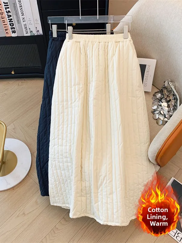 보온 퀼팅 코튼 스커트 A라인 롱 스커트 슬림 사이드 슬릿 단색 세로 스트라이프 플러스 사이즈 여성 스커트