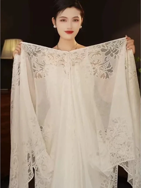white-korean-style-lace-shoulder-shawl-women's-summer-fashion-versatile-long-rectangle-fairy-atmosphere-sunscreen-shawl