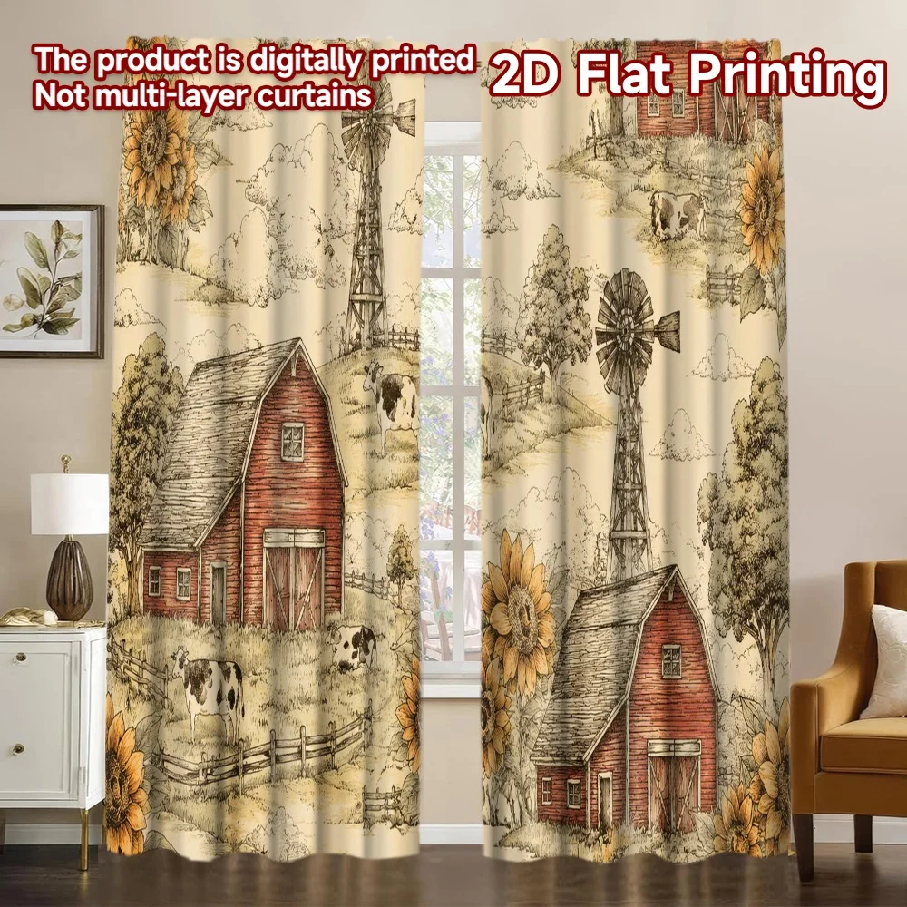 2D FLAT PRINTING 2pcs Curtains (Without Rod) Countryside Barns and Sunflowers Pattern Modern Curtains Versatile Polyester