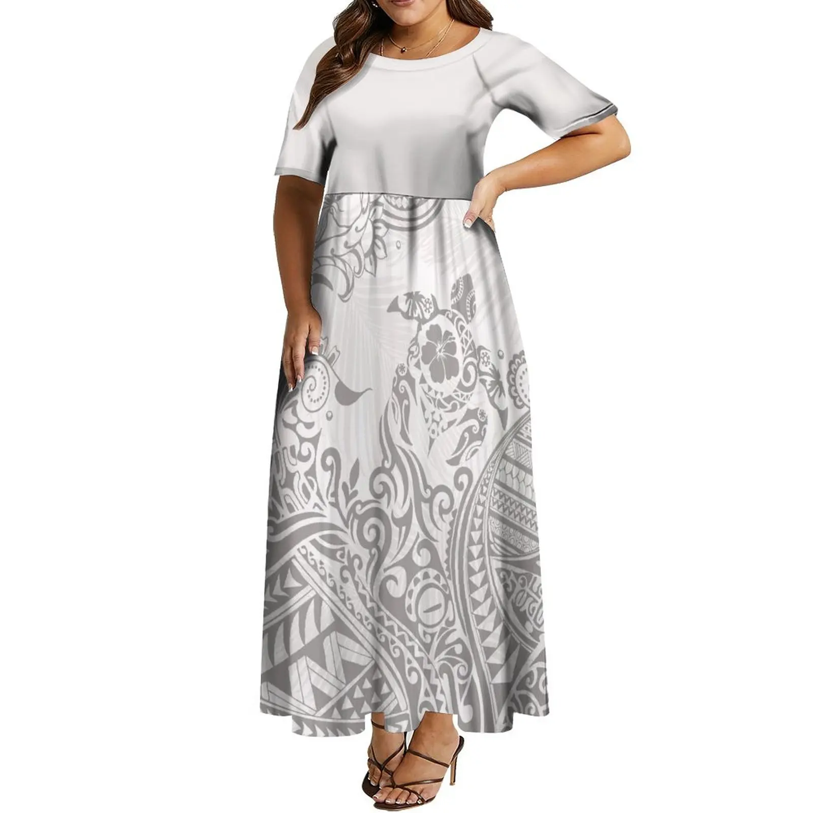 Women'S Crew Neck Dress Samoa Short Sleeve Long Dress Polynesian Tribe Design Hd Pattern Mother'S Day Gift White Dress