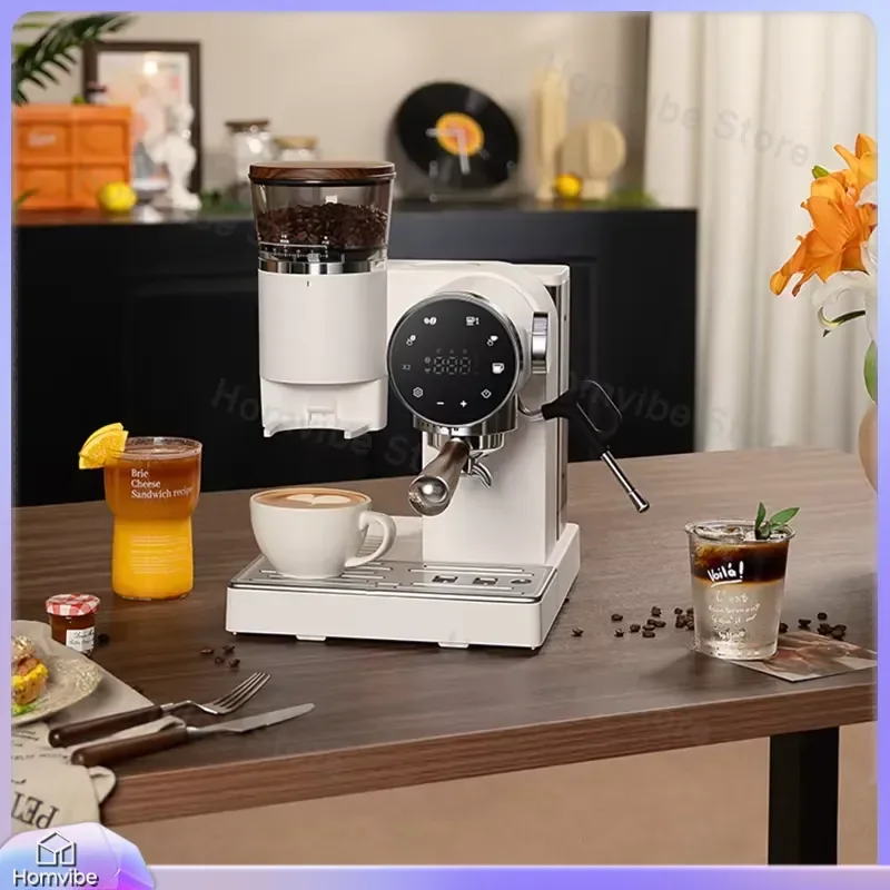 2 in 1 Espresso Machine with Built in Grinder and Milk Frother 15 Bar Pressure for Hot Iced Coffee Adjustable Grind Size