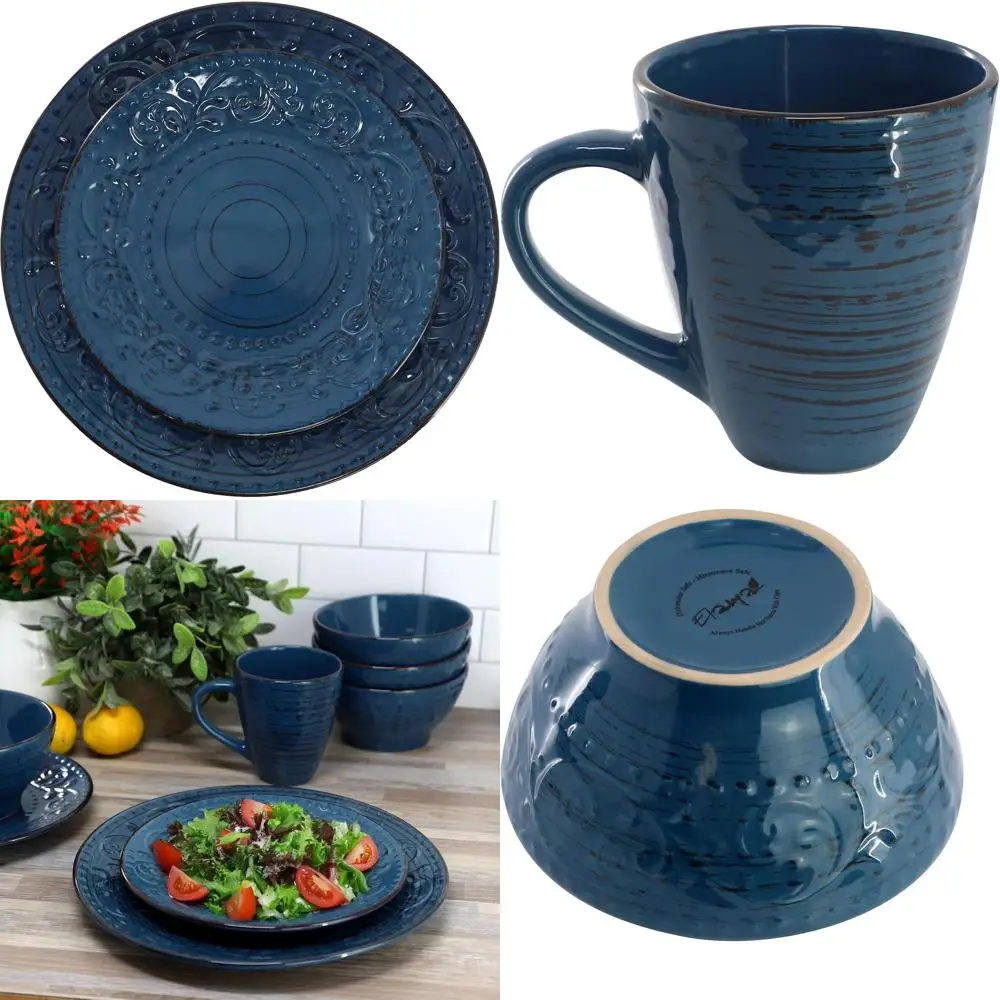 

16-Piece Deep Blue Stoneware Dinnerware Set with Embossed Reactive Glaze Pattern, Malibu Ocean Inspired Tableware