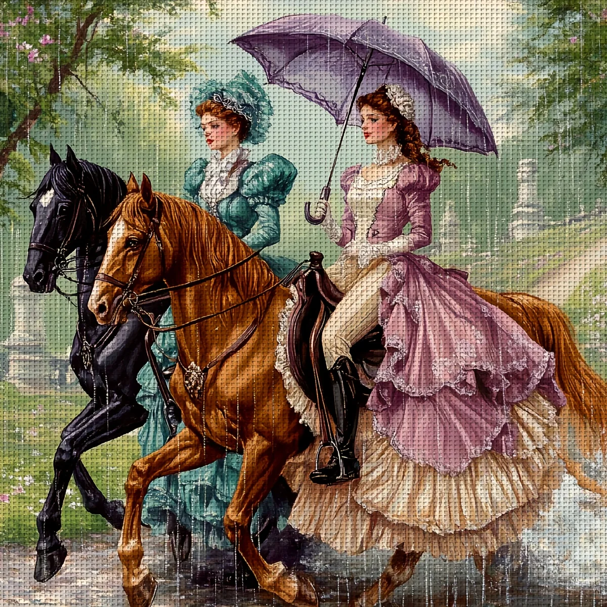 1PC 36X36cm/14.17X14.17inch, 11CT Print Cross Stitch DIY Kit, Victorian Equestrians, Adult Beginner's Relaxed Cross Stitch