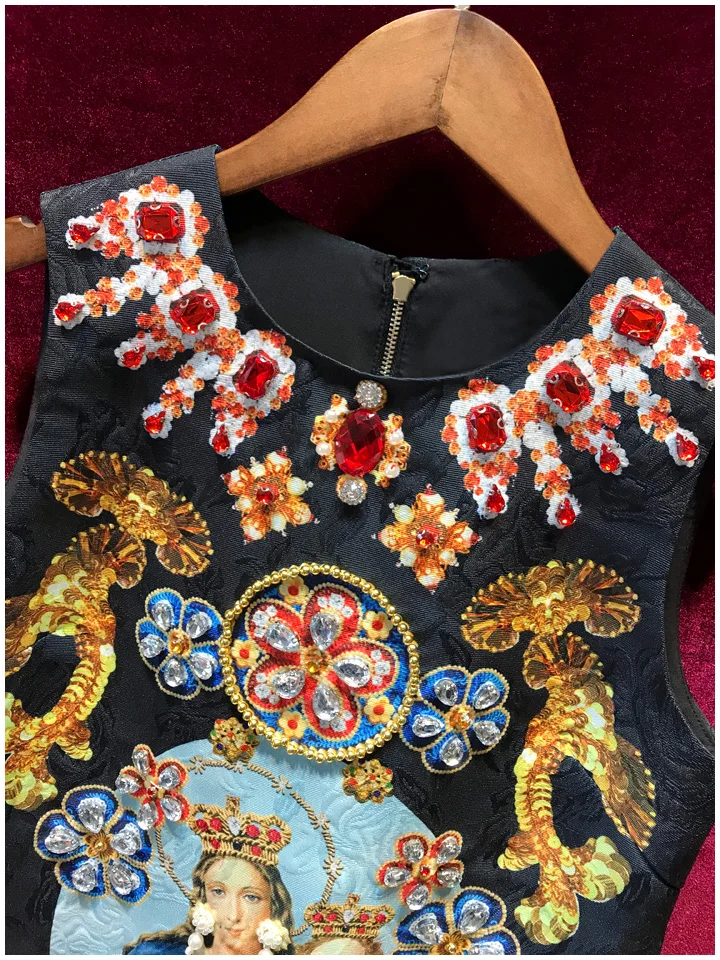 Retro Palace Style Printing Elegant Sleeveless Tank Dress Summer Black Party Dress O-neck Jacquard Diamonds Short A-line Dress