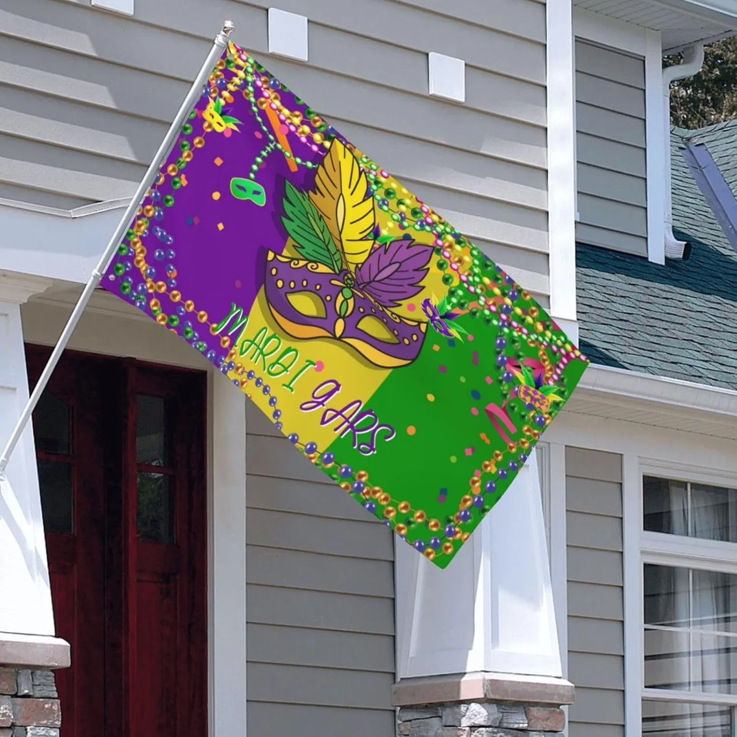 Mardi Gras Garden Flag Featuring Mask and Beads Durable Polyester Outdoor Home Decoration Banner