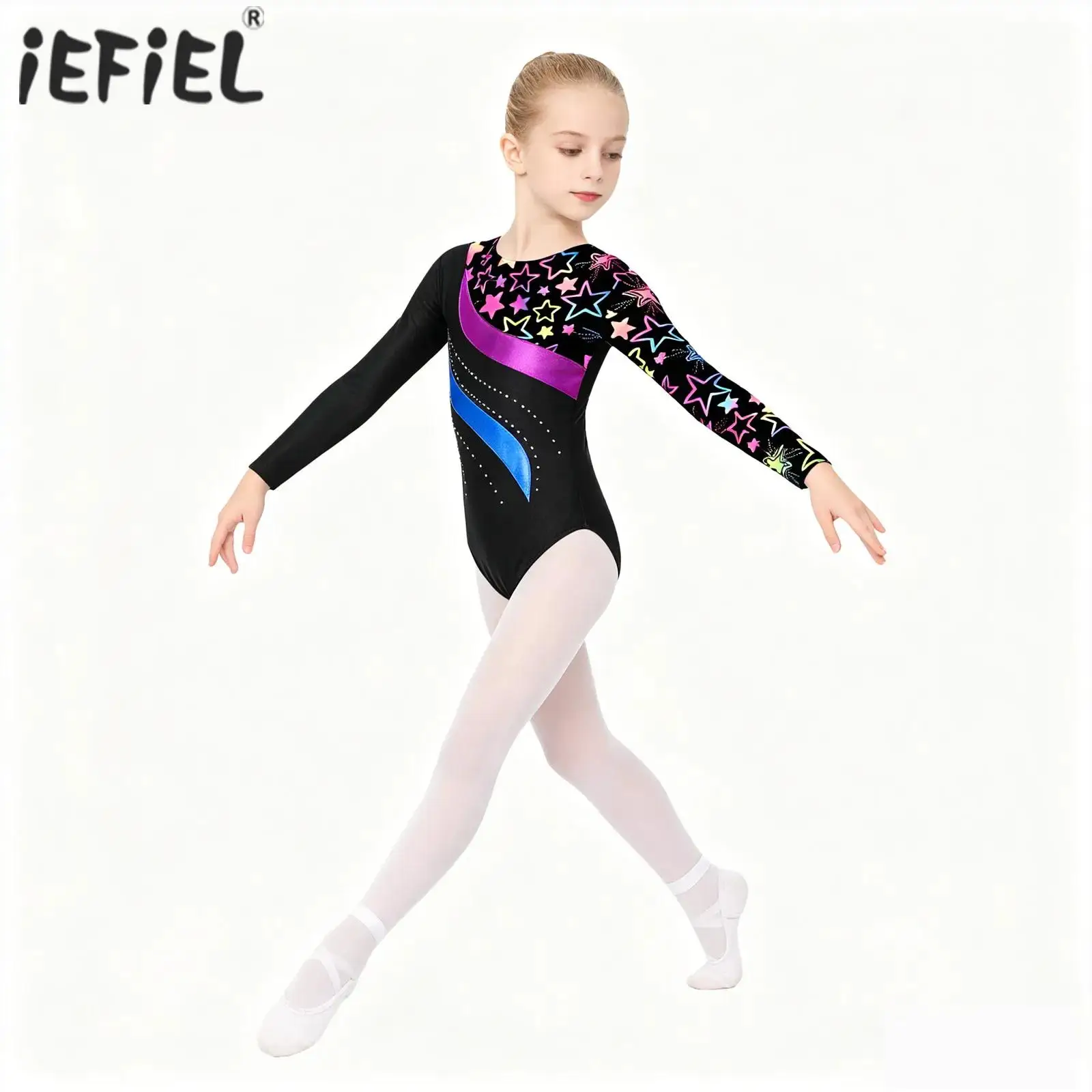 

Kids Girls Shiny Rhinestone Acrobatic Gymnastics Ballet Jersey Dance Costume Bronzing Cloth Pattern Print Dance Leotard Jumpsuit