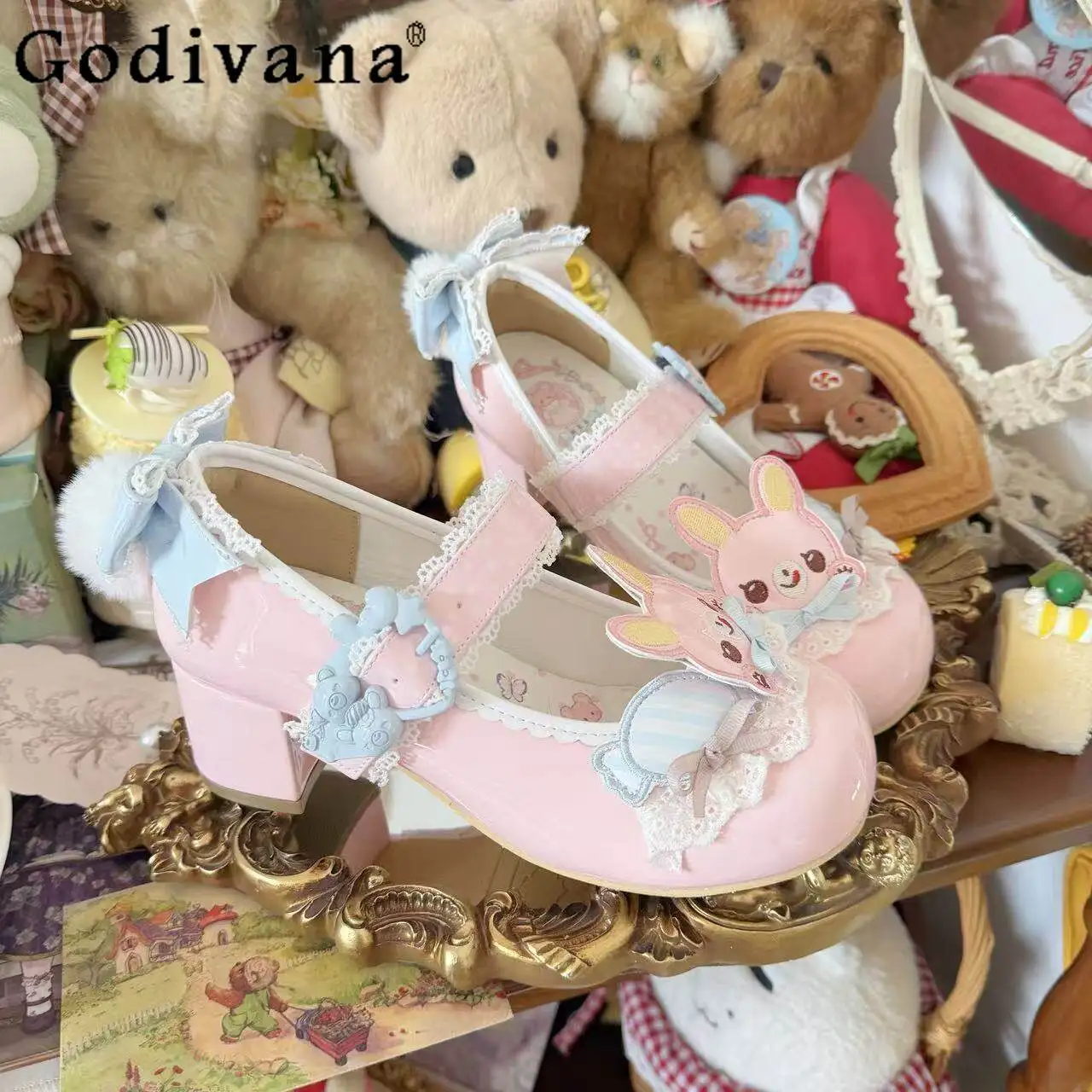 

Japanese Kawaii Girls Lolita Mary Jane Shoes Rabbit Cartoon Print Lo High Heel Pumps Summe Student Round Head Platform Shoes