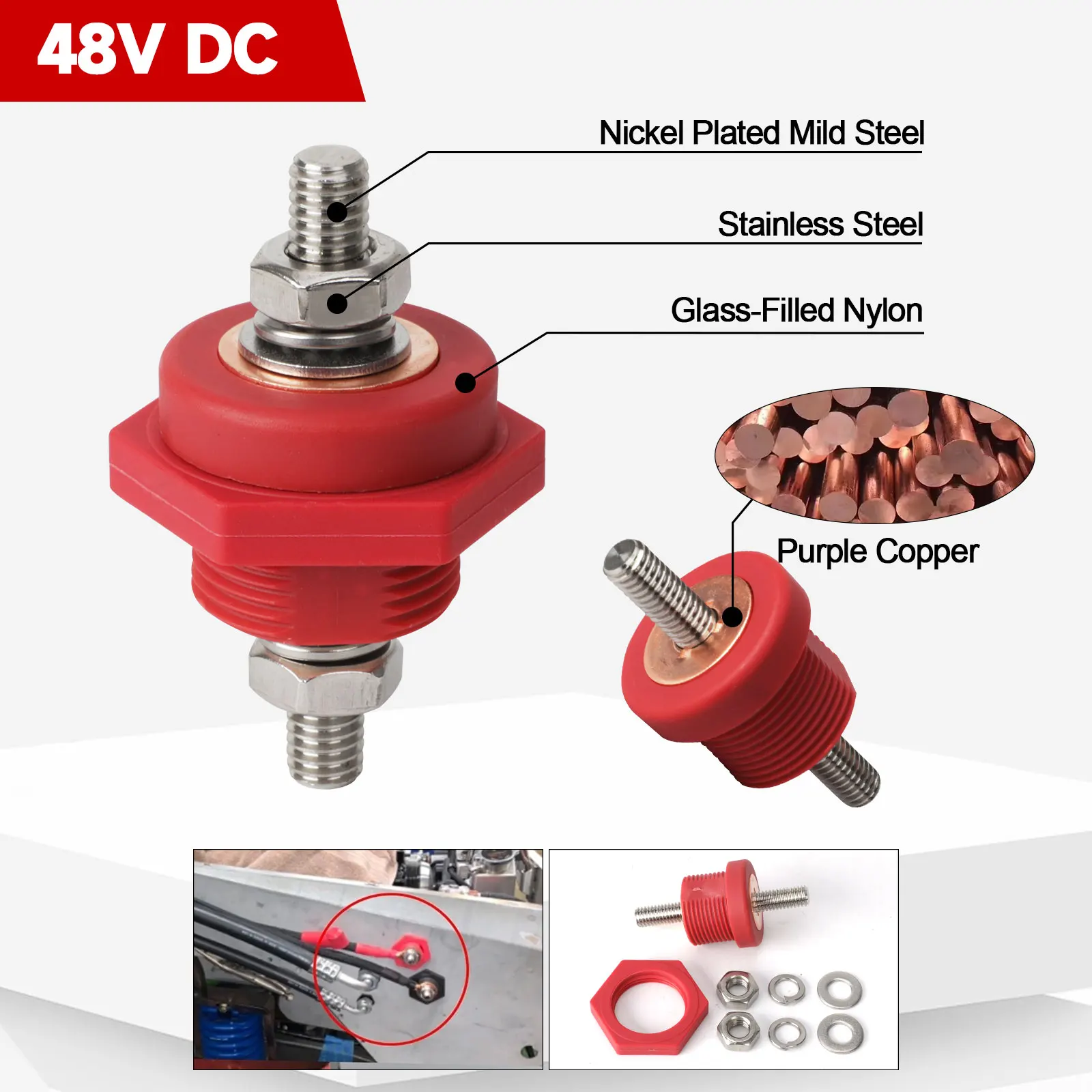 3/8in Stud Battery Power Junction 300A 48V DC Post Connectors Brass Replacement Terminal Kit for Car Camping RV Truck Boat