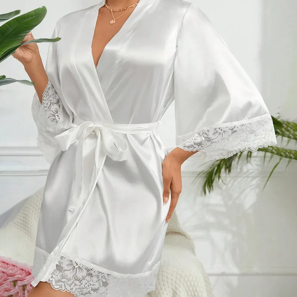 Womens Large Size Ice Silk Sexy Lace Bathrobe Pajamas Female Soft and Comfortable Solid Color Sleepwear V-Neck Bathrobe Pajamas