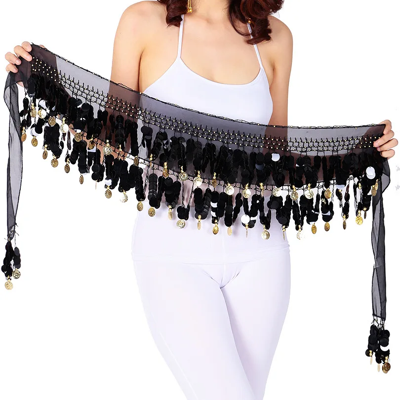 Belly Dance Hip Scarf with Dangling Sequins Belly Dancer Waist Chain Skirts Wrap Dance Costumes Accessories for Women