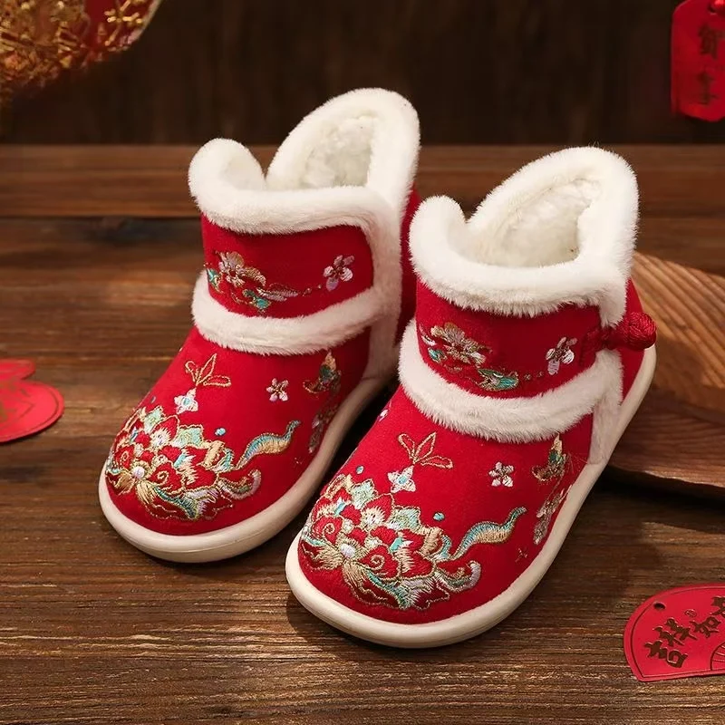 2024 Winter Girls Ethnic Style Embroidered Cotton Boots Soft Sole Non Slip High Top Slip On Plush Warm Hanfu Cotton Shoes