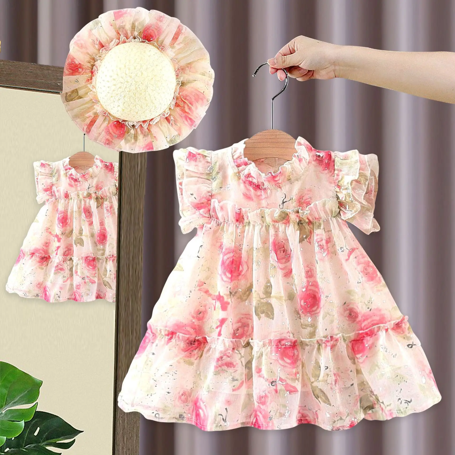 Summer girl dress baby girl flower and leaf embroidered collar patchwork lace bubble sleeves princess dress