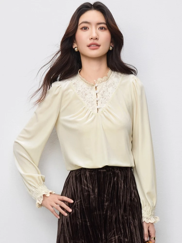 

SENTUBILA Splicing Lace Shirt Women 2025 Autumn Long Sleeve Elegant Lotus Leaf Collar Rose Button Cuff Velvet Blouse 153CJ3048