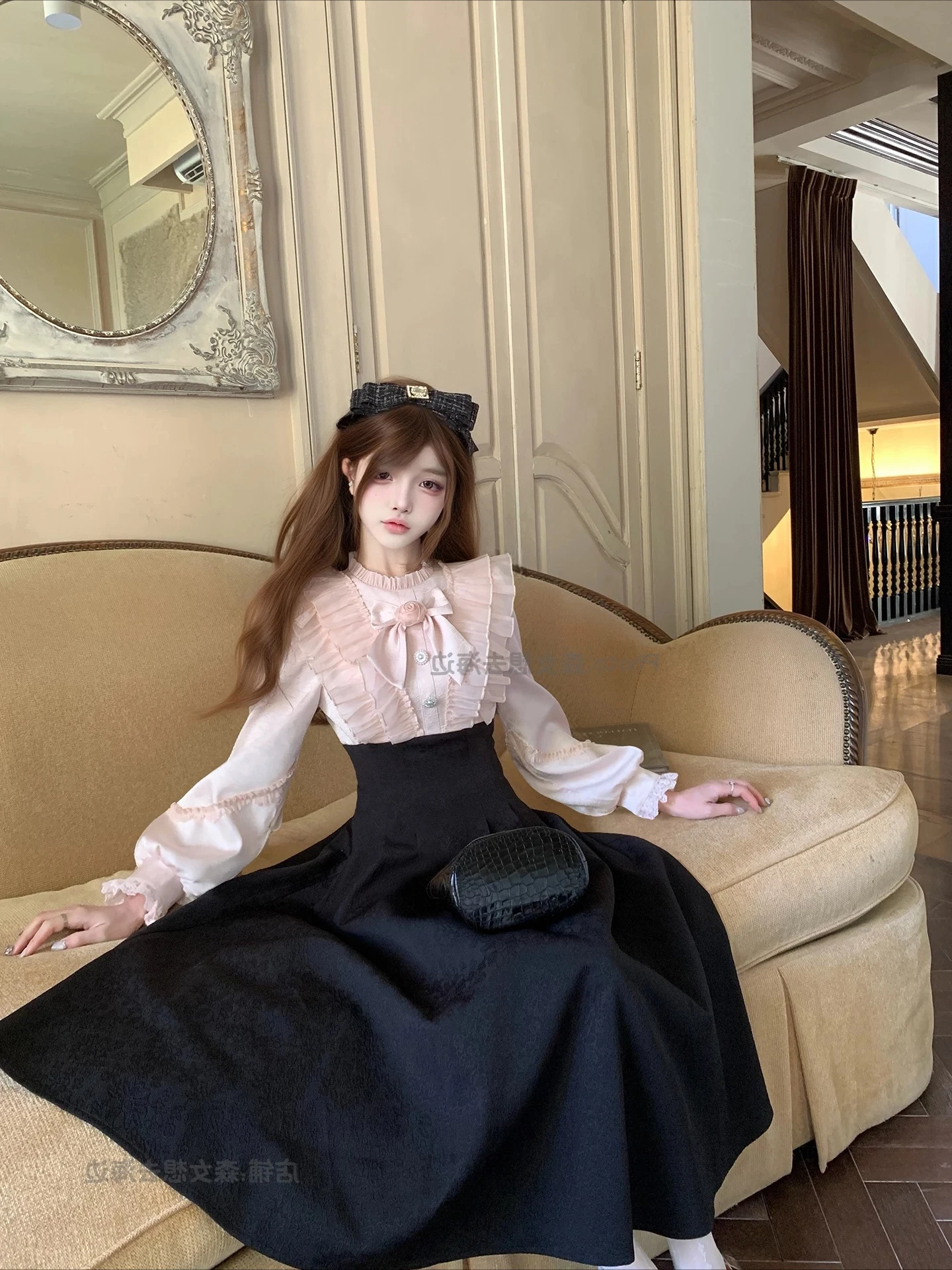 

Gentle Delicate Flower Dress Sweet Bow Round Neck Long Sleeve Splicing Color High Waist Tutu Dress Princess Evening Dresses