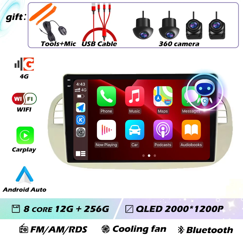9 ''Android 16 Autoradio Stereo voor Fiat 500 2007-2015 met GPS Navigatie Stuurbediening Multimedia Carplay auto WIFI