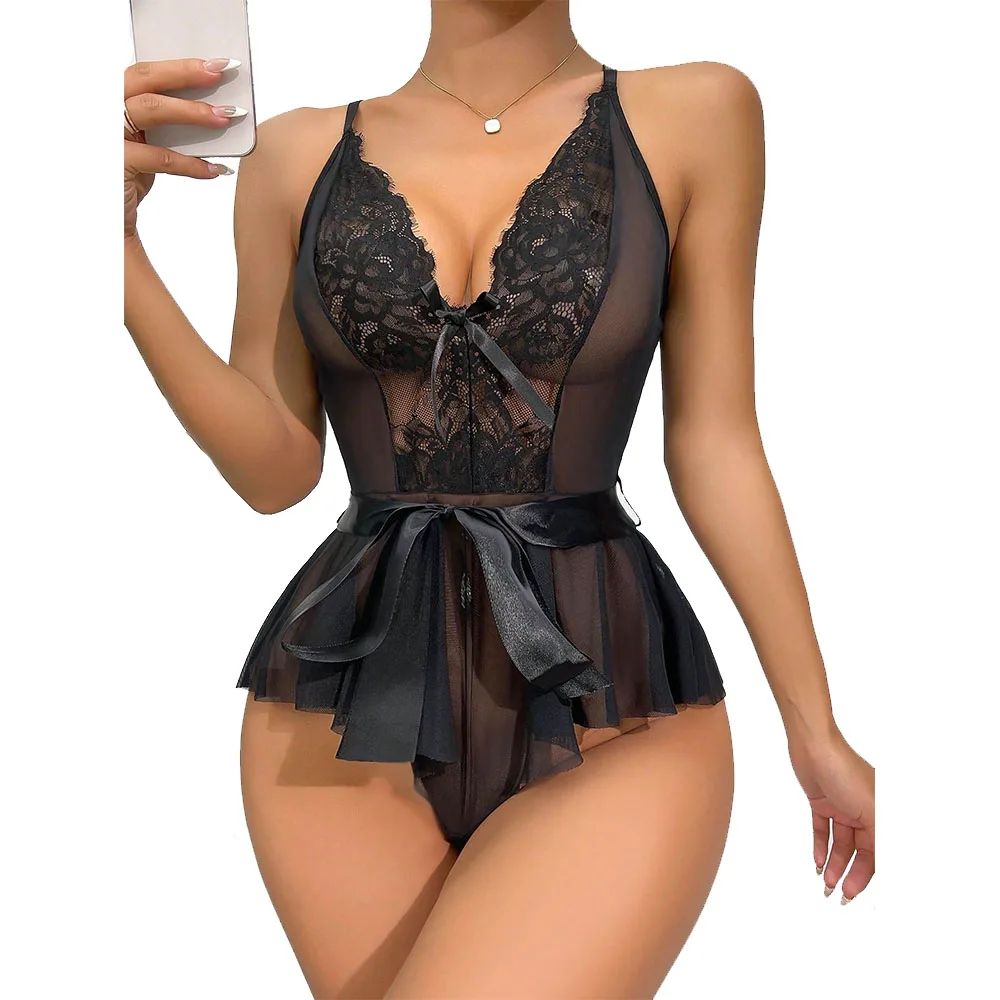

Sexy Belt Floral Lace Backless Adjustable Strap Mesh Babydoll Lingerie Sleepwear Romper