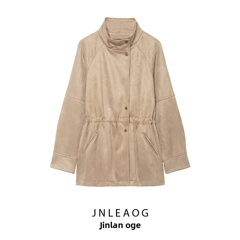 

JNLEAOG Autumn New Women's Loose High Collar Waist-Cinching Suede Mid-Length Jaet Coat Straight Cut Long Sve Commute Sle