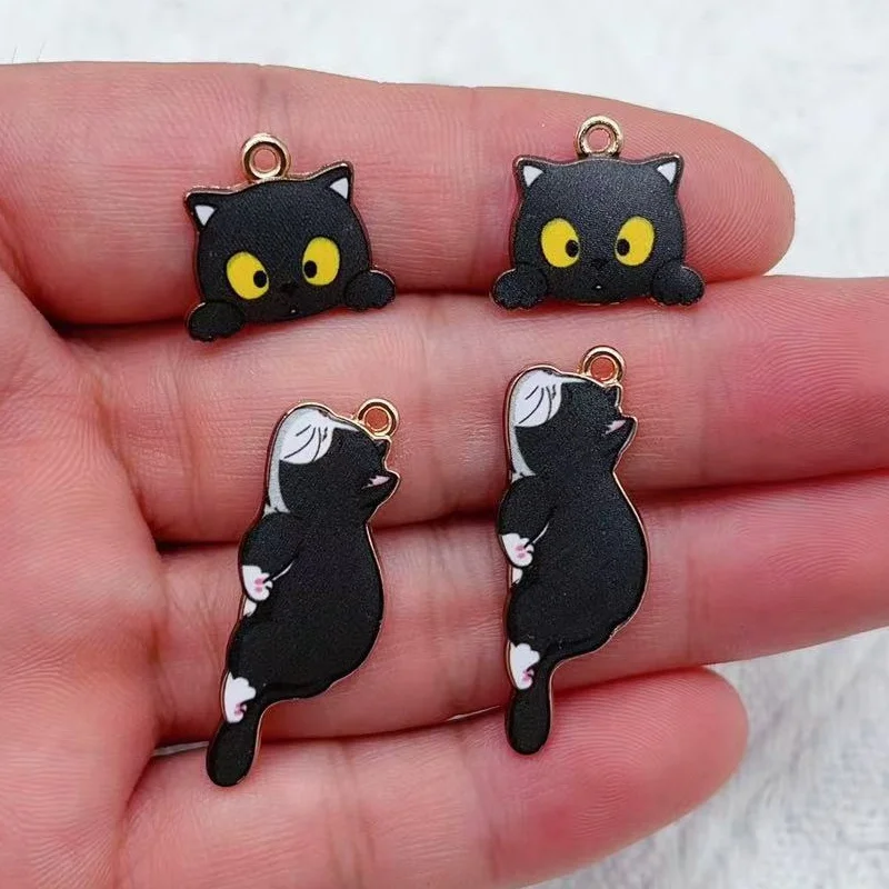 10PCs Cartoon Enamel Cat Charms Animal Cartoon Pendants Gold Color Metal DIY Bracelets Necklace Jewelry Making