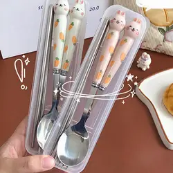 Cute Cutlery Set Cartoon Bunny Stainless Steel Cutlery Kit Mirror Polished Flatware Sets Spoon and Fork Set in Storage Box
