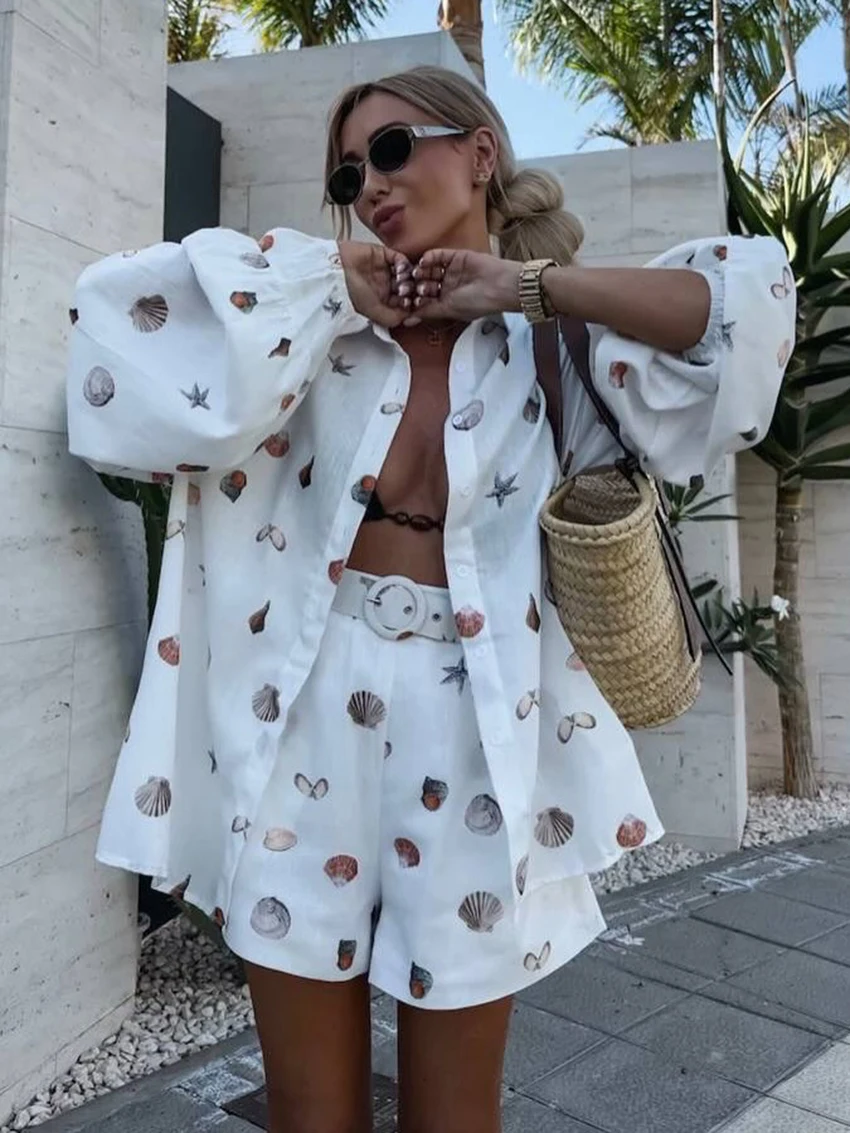 

Marthaqiqi Loose Women Nightgowns 2 Piece Suit Turn-Down Collar Sleepwear Long Sleeve Pajamas Shorts Casual Ladies Nightwear Set